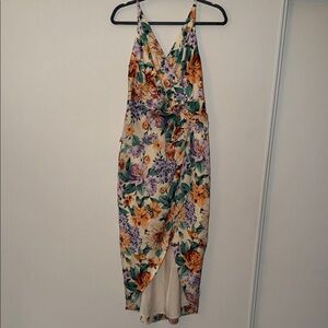 Express Floral Wrap Midi Dress in Cream, Purple and Yellow